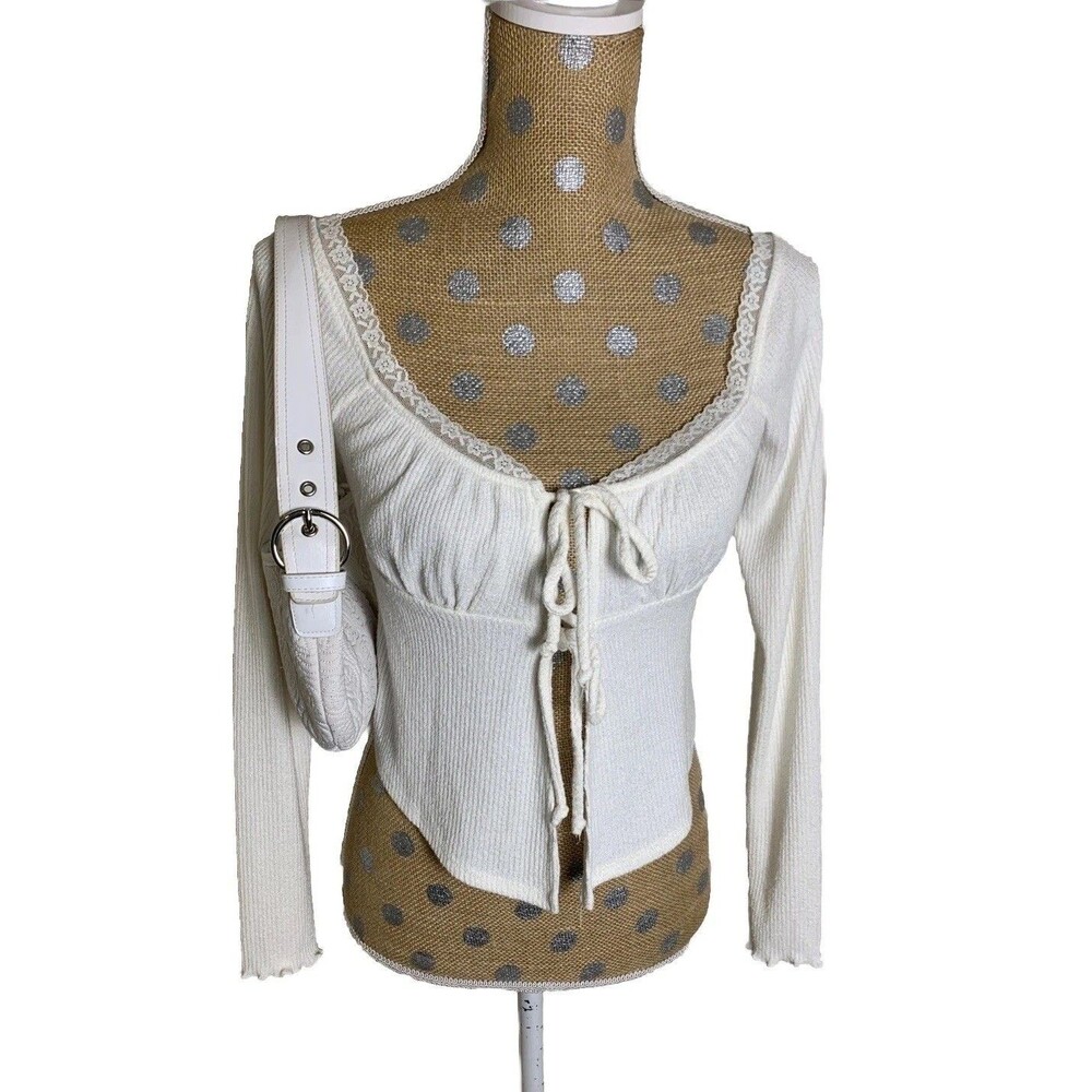 Y2K Babydoll Tie Front Knit Top Coquette Fairycore Angle Whimsical Small Lace